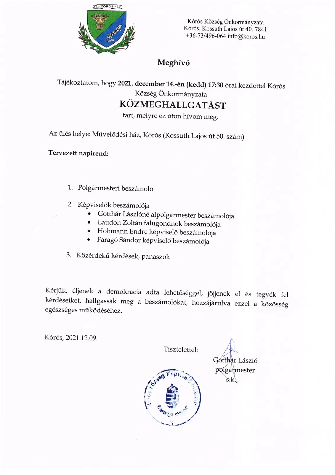 A 2021. december 14-i közmeghallgatás meghívója